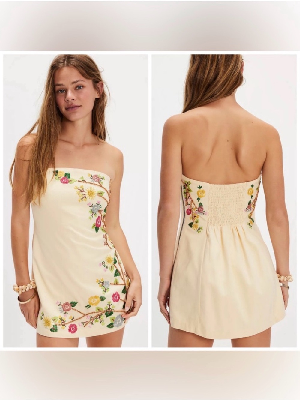 Free People Havana Nights Mini Dress Romper Pastel Yellow Floral Beaded Sz M
